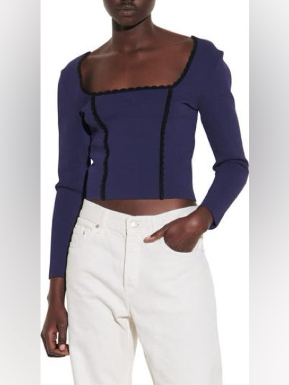 NWT Sandro Navy Blue Square-Neck Cropped Sweater with Black Velvet Trim